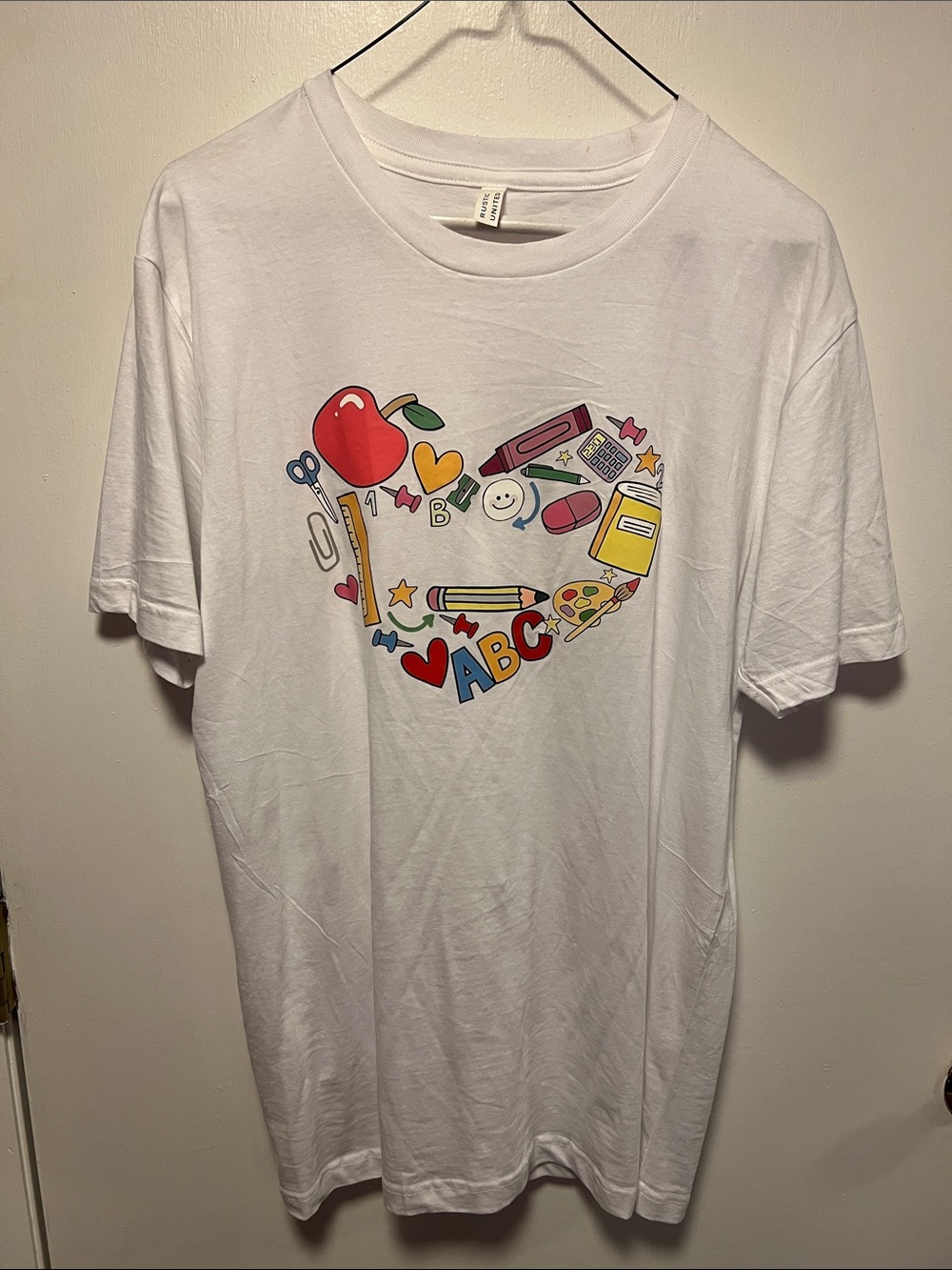 White Graphic School Supplies T-Shirt - Colorful Print